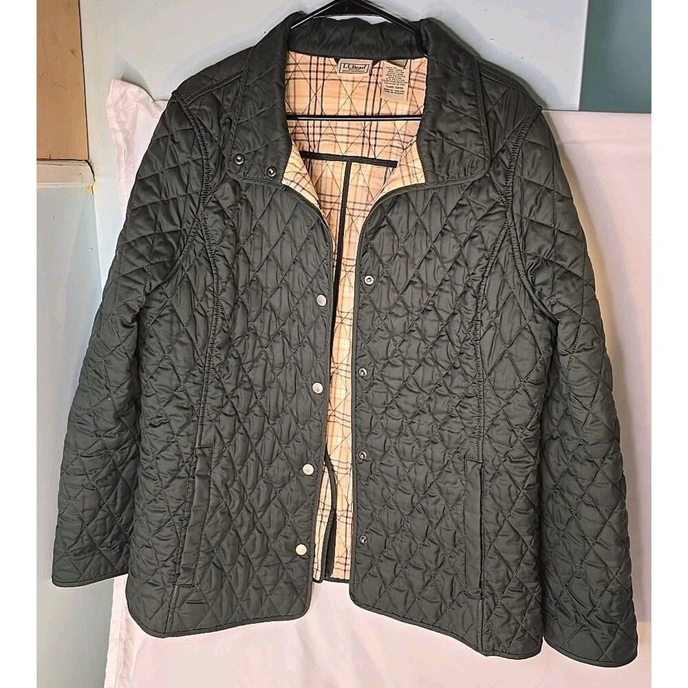 Vintage LLBean Quilted Plaid Riding Jacket Lg, Green, Metal Snaps Hidden Pockets